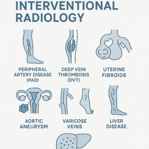 Diagram showing 7 conditions treated by interventional radiology: PAD, DVT, fibroids, tumors, aneurysms, varicose veins, and liver disease