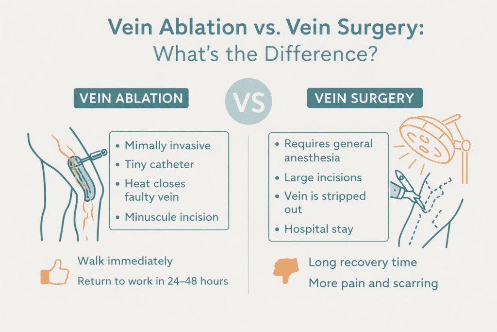 Infographic comparing vein ablation and vein surgery. Interventional Radiology techniques like vein ablation use a tiny catheter for a minimally invasive approach, while vein surgery involves larger incisions, more pain, scarring, and longer recovery. - ARIA Vascular | vascular surgery and interventional Radiology