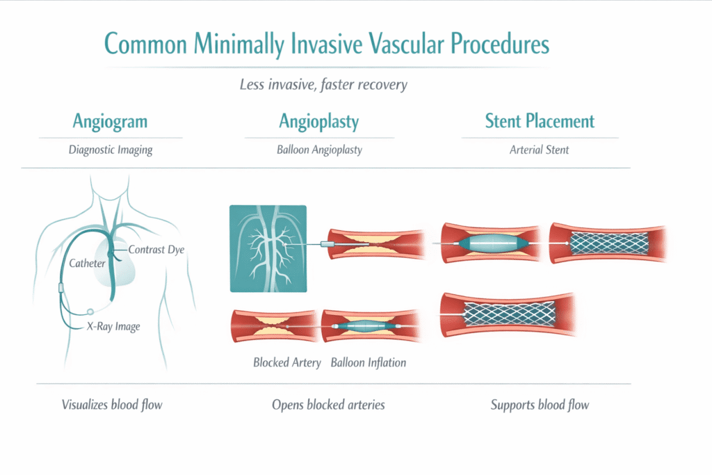 Infographic showing minimally invasive vascular procedures: angiogram uses imaging and dye to visualize blood flow, minimally invasive angioplasty inflates a balloon to open blocked arteries, and stent placement uses a mesh tube to support blood flow. - ARIA Vascular | vascular surgery and interventional Radiology