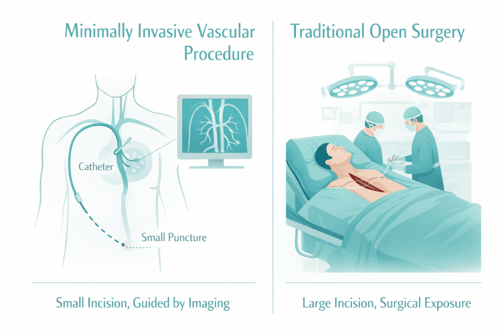 A comparison graphic highlights a minimally invasive vascular procedure using a small puncture and catheter, versus traditional open surgery with doctors operating through a large chest incision in an operating room. - ARIA Vascular | vascular surgery and interventional Radiology