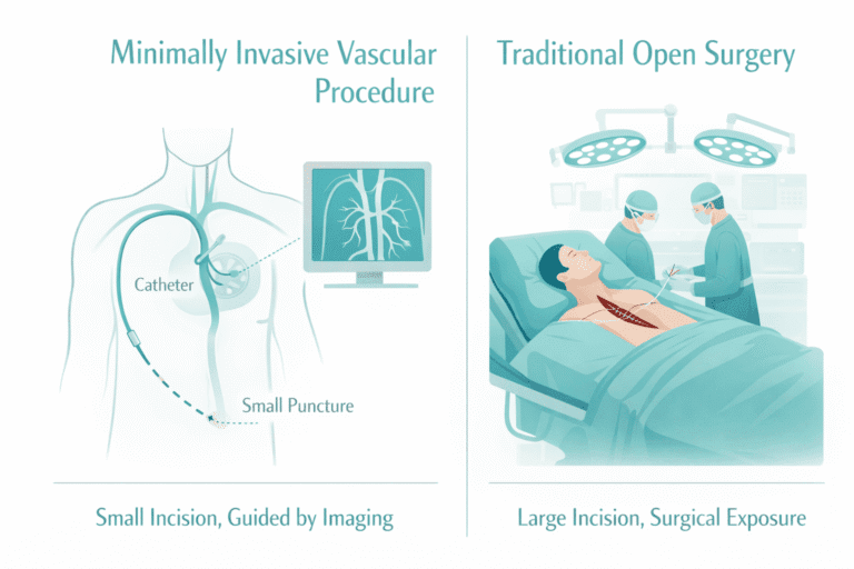 A comparison graphic highlights a minimally invasive vascular procedure using a small puncture and catheter, versus traditional open surgery with doctors operating through a large chest incision in an operating room. - ARIA Vascular | vascular surgery and interventional Radiology