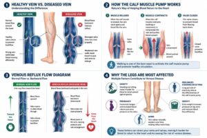 Infographic explaining healthy vs. diseased veins, how calf muscles help return blood to the heart, venous reflux flow, and why legs are most affected by venous disease. Includes diagrams and labeled illustrations, with a focus on minimally invasive treatment options for managing vein health. - ARIA Vascular | vascular surgery and interventional Radiology