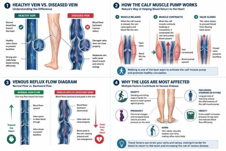 Infographic explaining healthy vs. diseased veins, how calf muscles help return blood to the heart, venous reflux flow, and why legs are most affected by venous disease. Includes diagrams and labeled illustrations, with a focus on minimally invasive treatment options for managing vein health. - ARIA Vascular | vascular surgery and interventional Radiology
