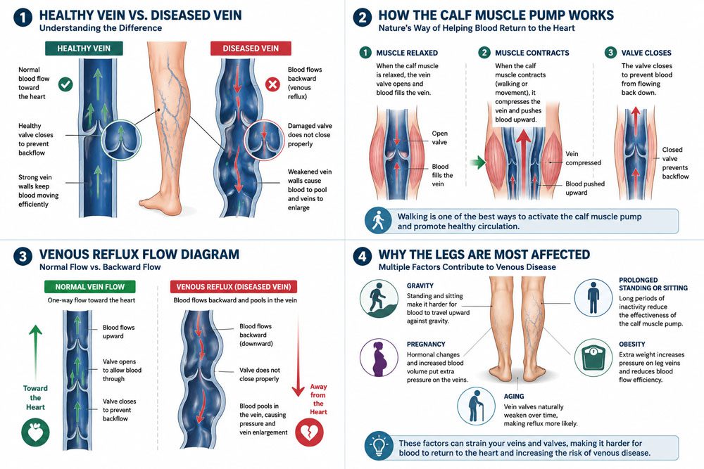Infographic explaining healthy vs. diseased veins, how calf muscles help return blood to the heart, venous reflux flow, and why legs are most affected by venous disease. Includes diagrams and labeled illustrations, with a focus on minimally invasive treatment options for managing vein health. - ARIA Vascular | vascular surgery and interventional Radiology