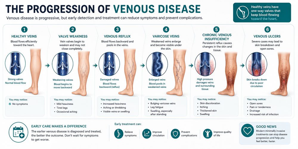 Infographic showing six stages of venous disease progression in legs, from healthy veins to venous ulcers, with symptoms and visuals of legs at each stage. Includes tips for early care, healthy habits, and highlights minimally invasive treatment options for managing vein health. - ARIA Vascular | vascular surgery and interventional Radiology