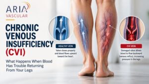 Infographic showing healthy and CVI veins in legs. Blue arrows show upward blood flow in healthy veins; red arrows show backward flow in veins affected by Chronic Venous Insufficiency (CVI). Text explains how damaged valves cause circulation issues and highlights common CVI symptoms. - ARIA Vascular | vascular surgery and interventional Radiology