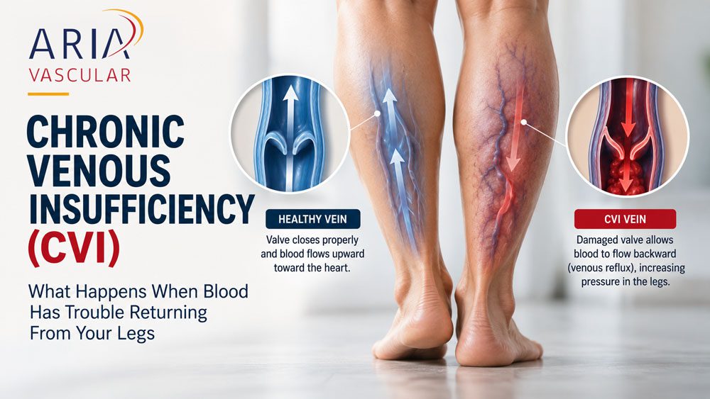 Infographic showing healthy and CVI veins in legs. Blue arrows show upward blood flow in healthy veins; red arrows show backward flow in veins affected by Chronic Venous Insufficiency (CVI). Text explains how damaged valves cause circulation issues and highlights common CVI symptoms. - ARIA Vascular | vascular surgery and interventional Radiology