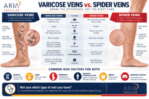 Infographic compares varicose veins vs spider veins, showing photos, causes, symptoms, risk factors, and treatments. Includes enlarged leg veins, diagrams, and text emphasizing the differences between varicose veins vs spider veins as well as evaluation options. Aria Vascular logo appears. - ARIA Vascular | vascular surgery and interventional Radiology