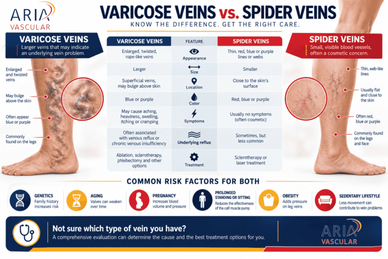 Infographic compares varicose veins vs spider veins, showing photos, causes, symptoms, risk factors, and treatments. Includes enlarged leg veins, diagrams, and text emphasizing the differences between varicose veins vs spider veins as well as evaluation options. Aria Vascular logo appears. - ARIA Vascular | vascular surgery and interventional Radiology
