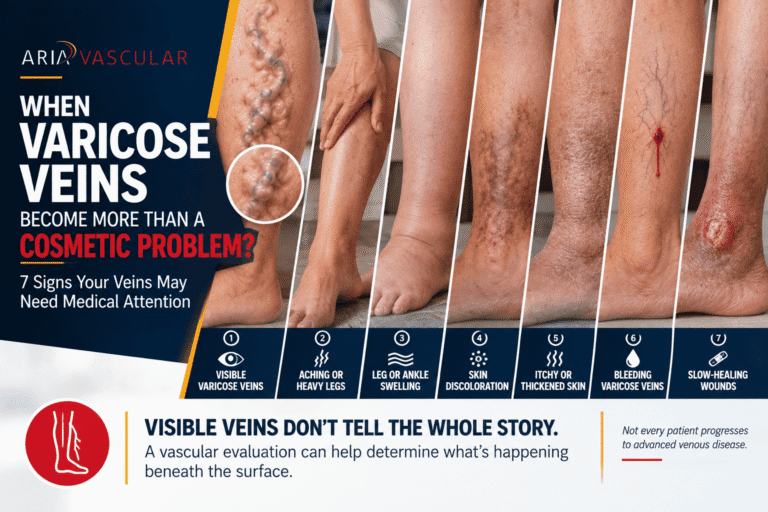 A medical infographic showing legs with various vein symptoms, labeled: visible varicose veins, swelling, discoloration, thick skin, bleeding, and slow-healing wounds. The text highlights the importance of recognizing the difference between varicose veins vs spider veins and explains these symptoms may need medical attention. - ARIA Vascular | vascular surgery and interventional Radiology